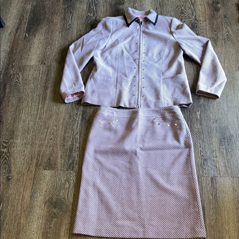 RAFAEL Pink and Black Tweed Striped Women's Pencil Skirt Set with silver rivets
